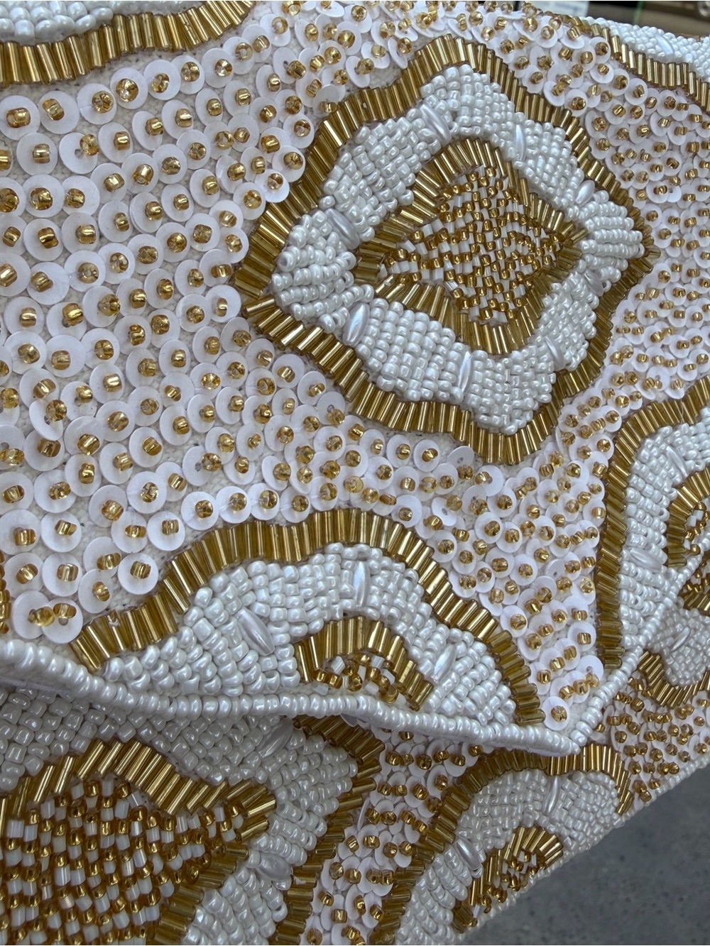 White & Gold Hand Beaded Envelope Clutch Crossbody Bag - Picture 8 of 13